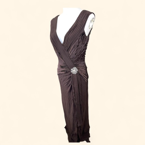 Tadashi Collection Brown Evening‎ Gown Maxi Dress Pleated Rhinestone Formal - Picture 2 of 14